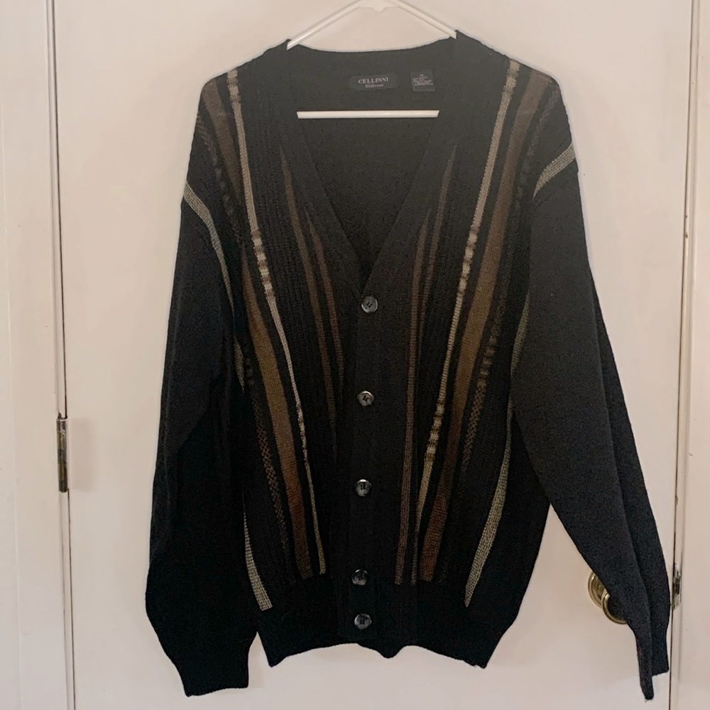 Cellinni black brown vertical stripe retro wool blend cardigan Size XL